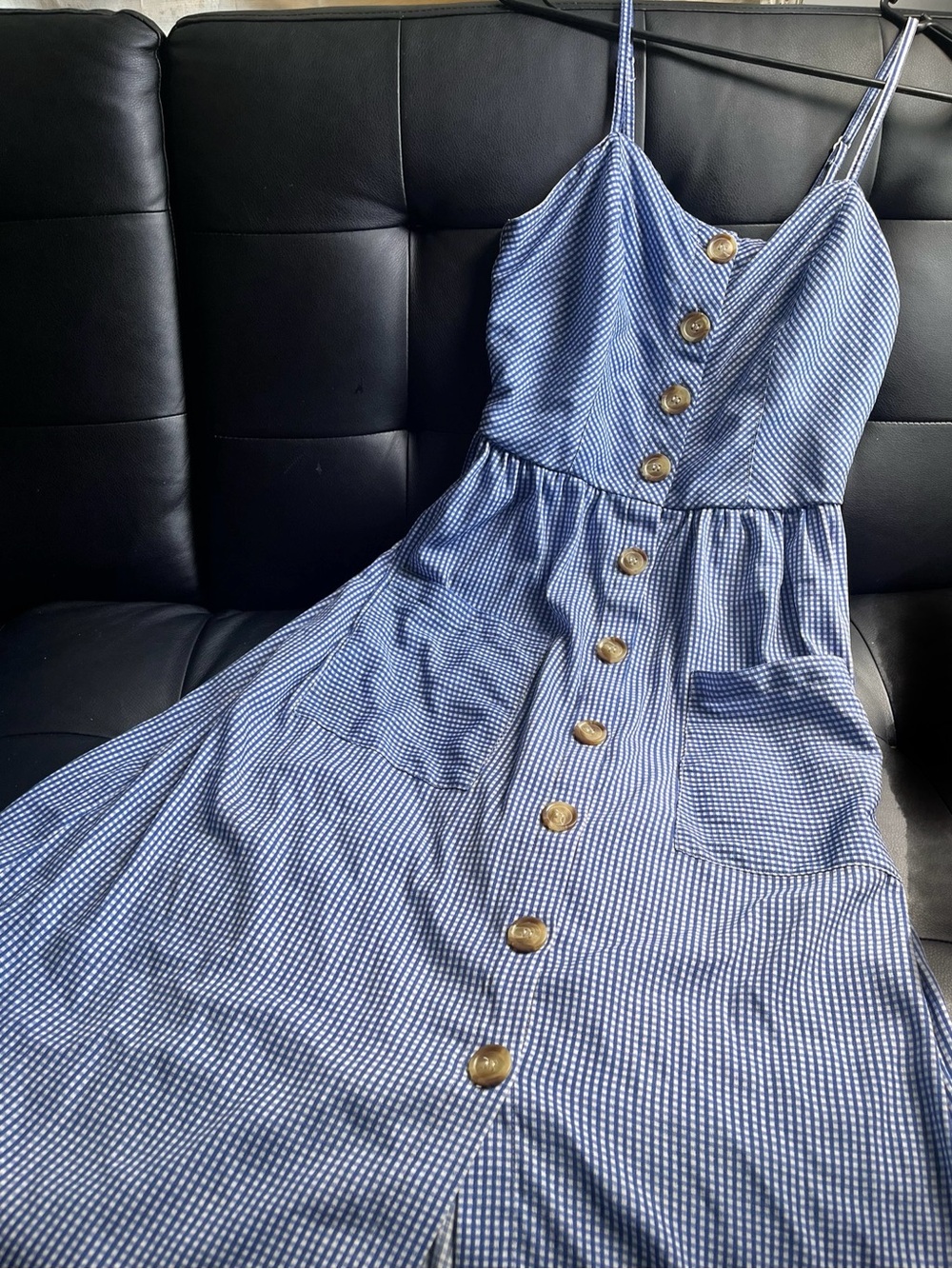 Blue Gingham Button-Front Midi Dress with Pockets